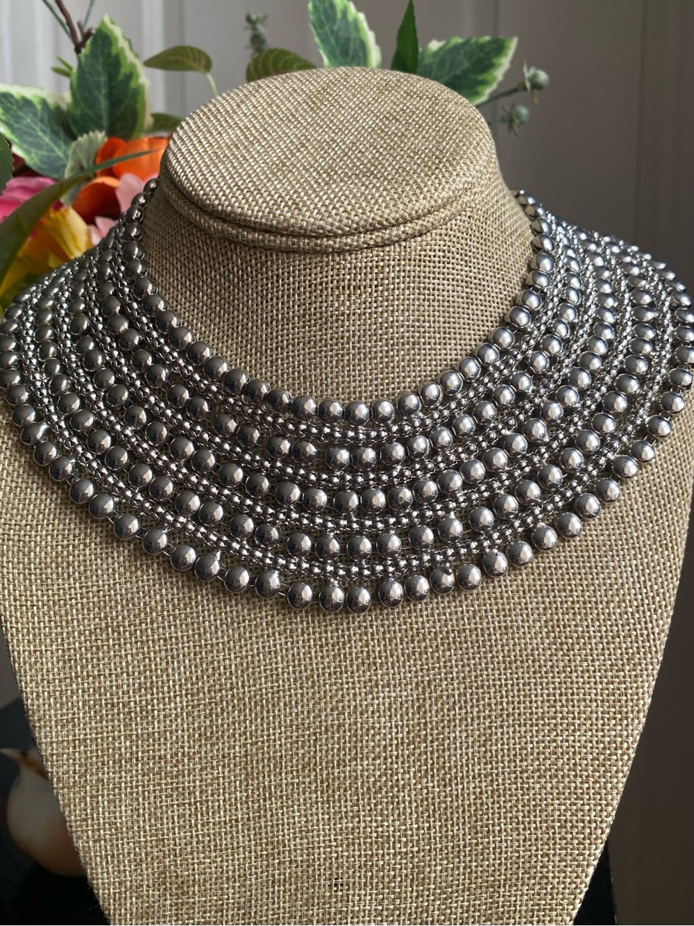 Silver Tone Multi-Row Beaded Statement Necklace